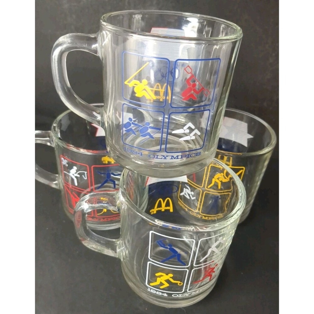 4 Vintage 1984 McDonalds Olympic Glass Coffee Mugs  Los Angeles -  All Different - Picture 2 of 16